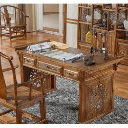 成都仿古书桌办公桌明清书房家具中式全实木原木楠木榫卯雕花书桌